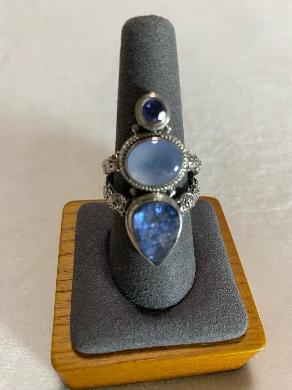 Sarda Sapphire Quartz Triplet, Chalcedony and Tanzanite Sterling Silver ring